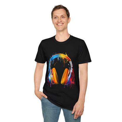 Vibrant Paint Splash Headphones, Unisex Softstyle T-Shirt design #8