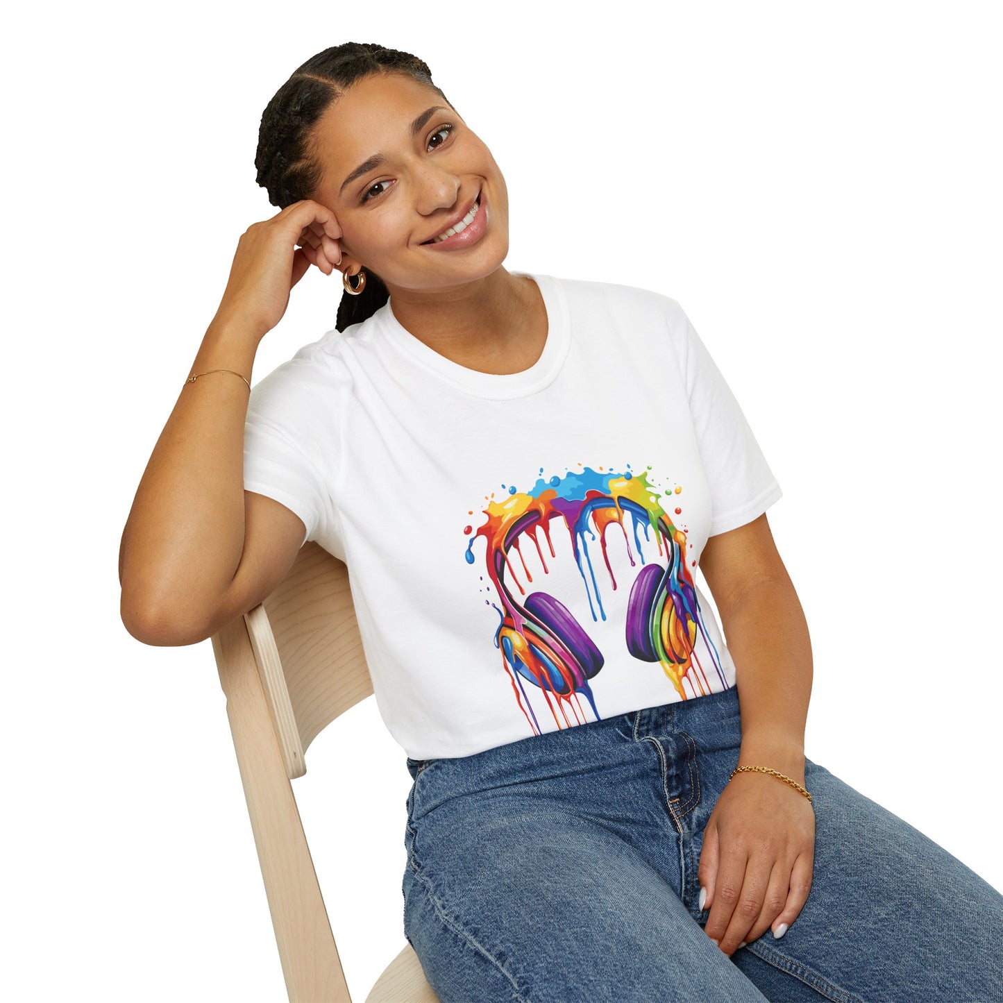 Vibrant Paint Splash Headphones, Unisex Softstyle T-Shirt design #1