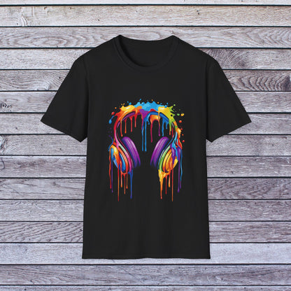 Vibrant Paint Splash Headphones, Unisex Softstyle T-Shirt design #1