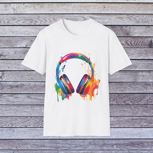 Vibrant Paint Splash Headphones, Unisex Softstyle T-Shirt design #2