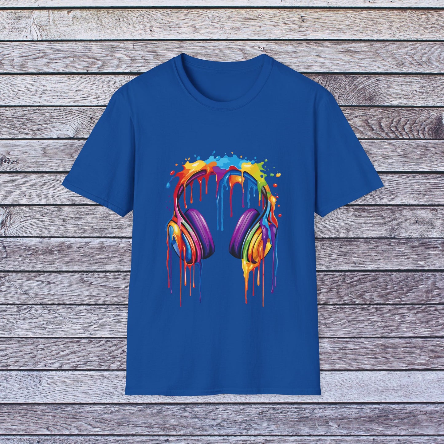 Vibrant Paint Splash Headphones, Unisex Softstyle T-Shirt design #1