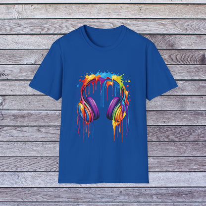 Vibrant Paint Splash Headphones, Unisex Softstyle T-Shirt design #1