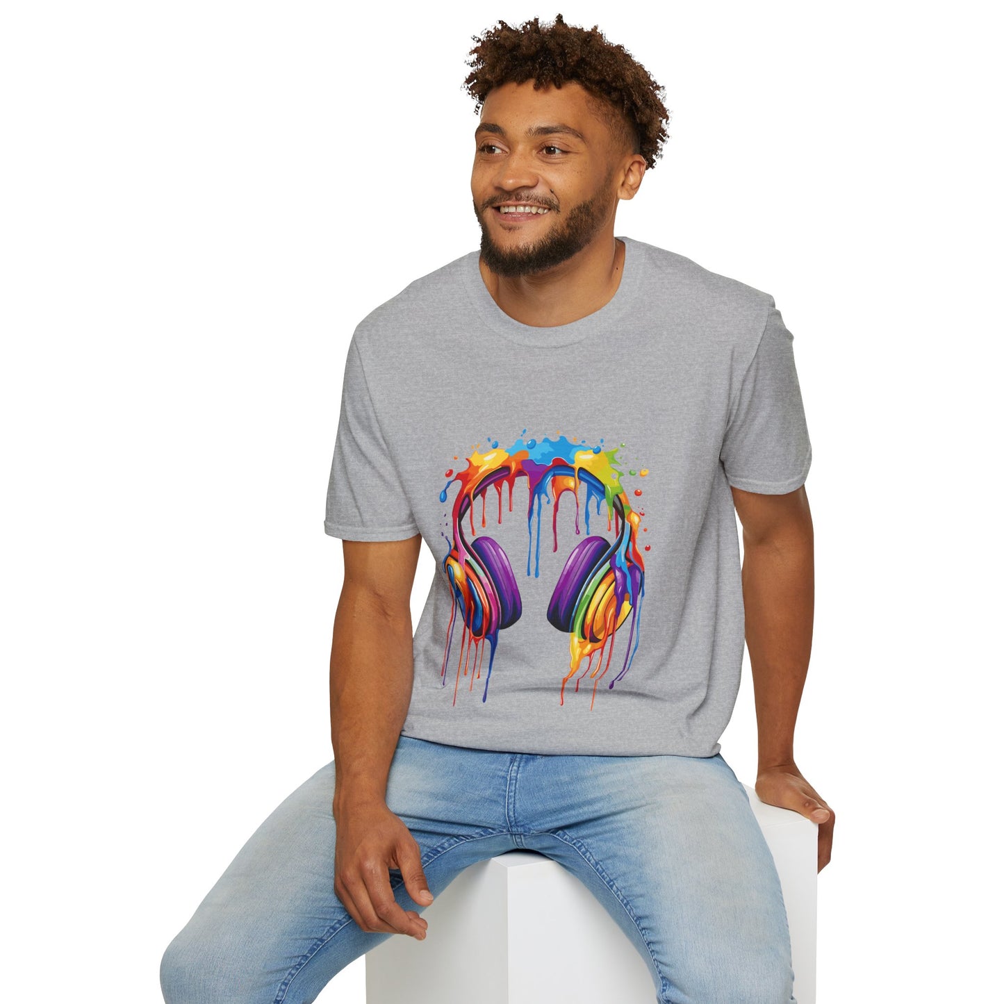 Vibrant Paint Splash Headphones, Unisex Softstyle T-Shirt design #1