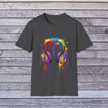 Vibrant Paint Splash Headphones, Unisex Softstyle T-Shirt design #1