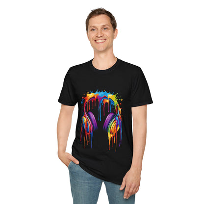 Vibrant Paint Splash Headphones, Unisex Softstyle T-Shirt design #1
