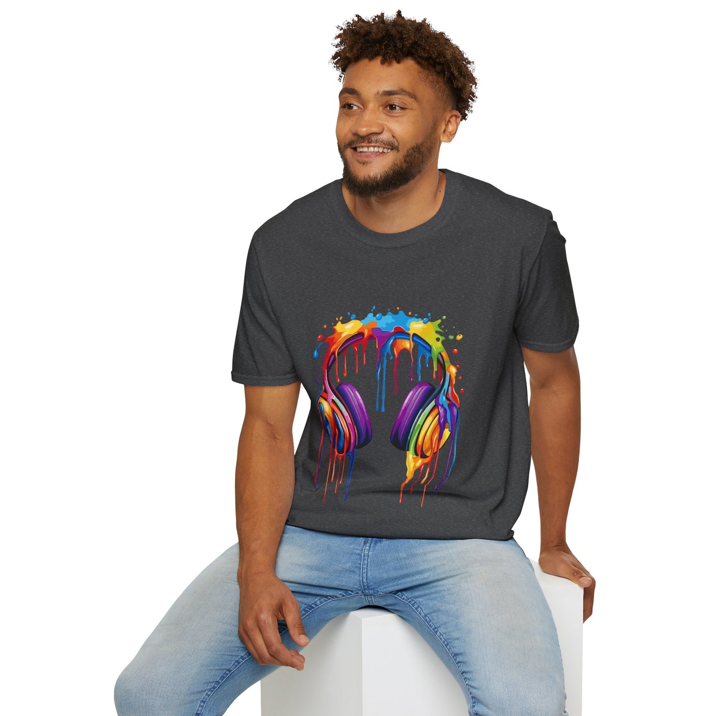 Vibrant Paint Splash Headphones, Unisex Softstyle T-Shirt design #1