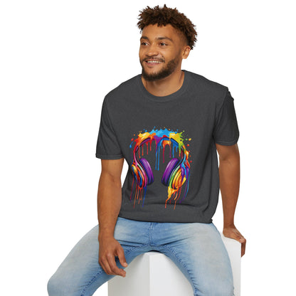 Vibrant Paint Splash Headphones, Unisex Softstyle T-Shirt design #1