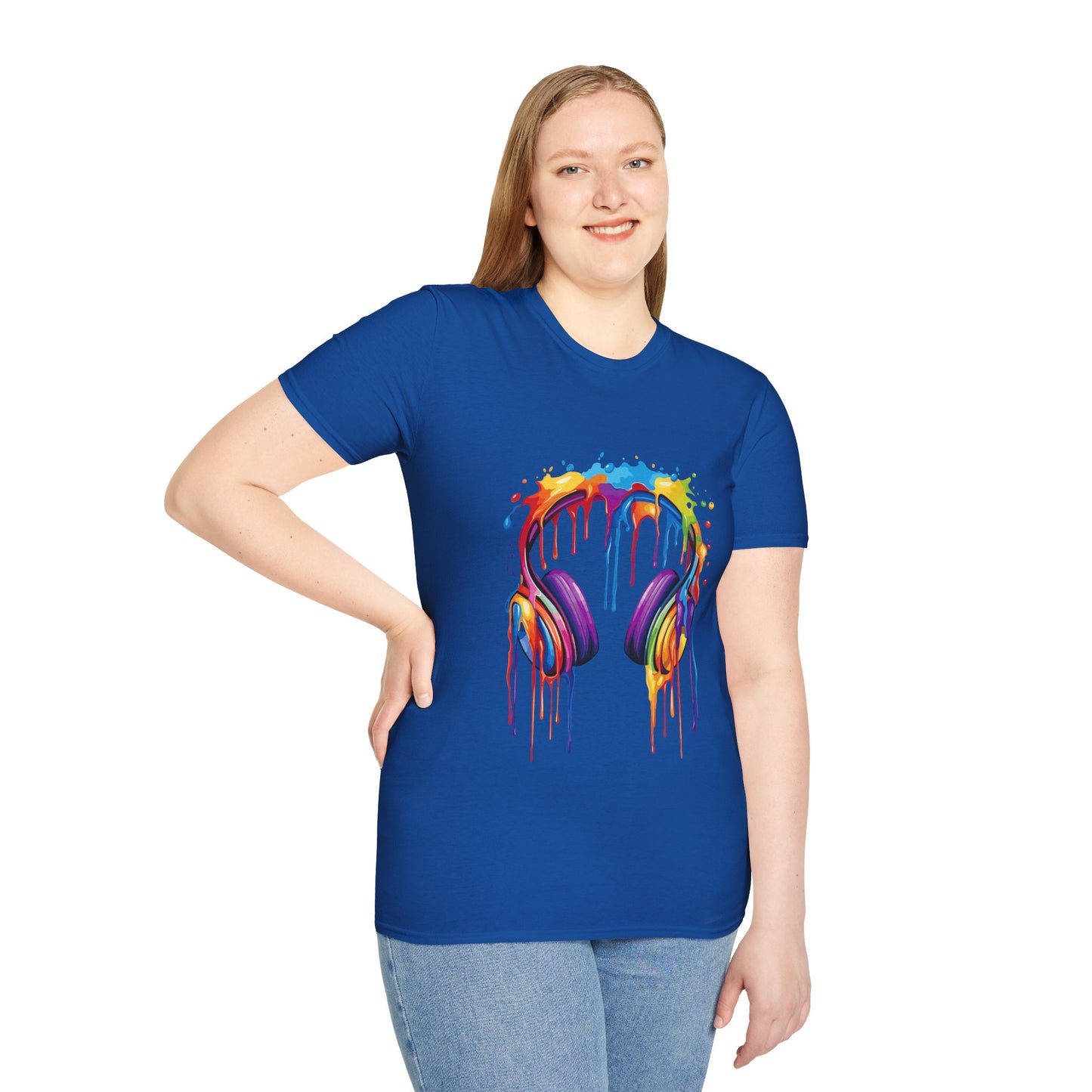 Vibrant Paint Splash Headphones, Unisex Softstyle T-Shirt design #1