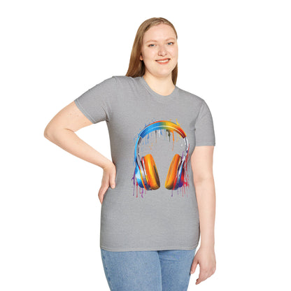 Vibrant Paint Splash Headphones, Unisex Softstyle T-Shirt design #8