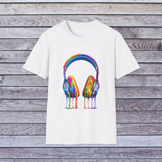 Vibrant Paint Splash Headphones, Unisex Softstyle T-Shirt design #7