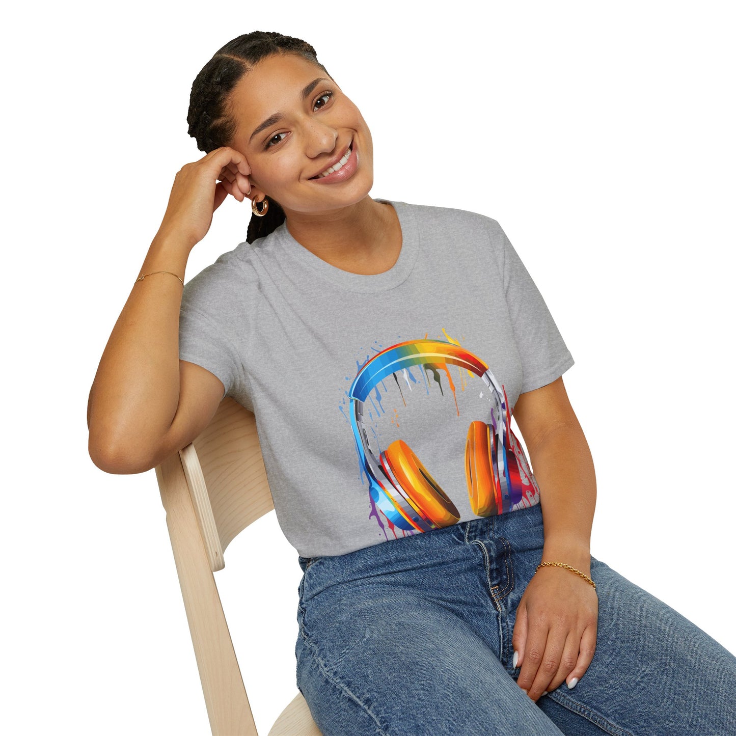 Vibrant Paint Splash Headphones, Unisex Softstyle T-Shirt design #8