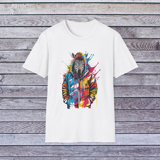 Vibrant Paint Splash Zebra In Hoodie Unisex Softstyle T-Shirt