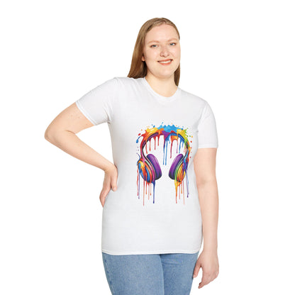 Vibrant Paint Splash Headphones, Unisex Softstyle T-Shirt design #1