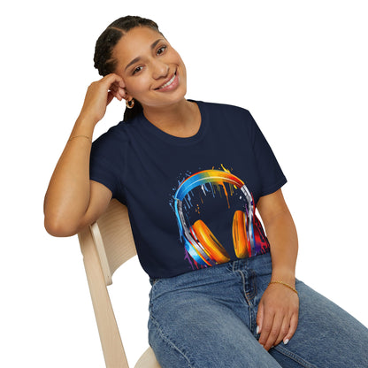 Vibrant Paint Splash Headphones, Unisex Softstyle T-Shirt design #8
