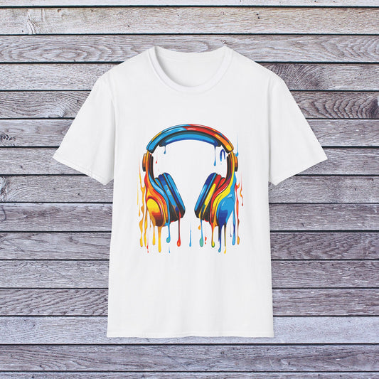 Vibrant Paint Splash Headphones, Unisex Softstyle T-Shirt design #6