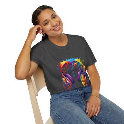 Vibrant Paint Splash Headphones, Unisex Softstyle T-Shirt design #1