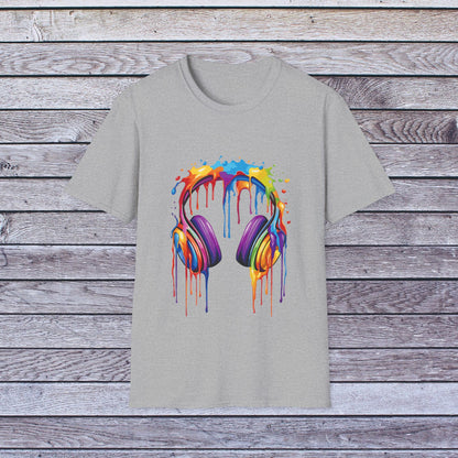 Vibrant Paint Splash Headphones, Unisex Softstyle T-Shirt design #1