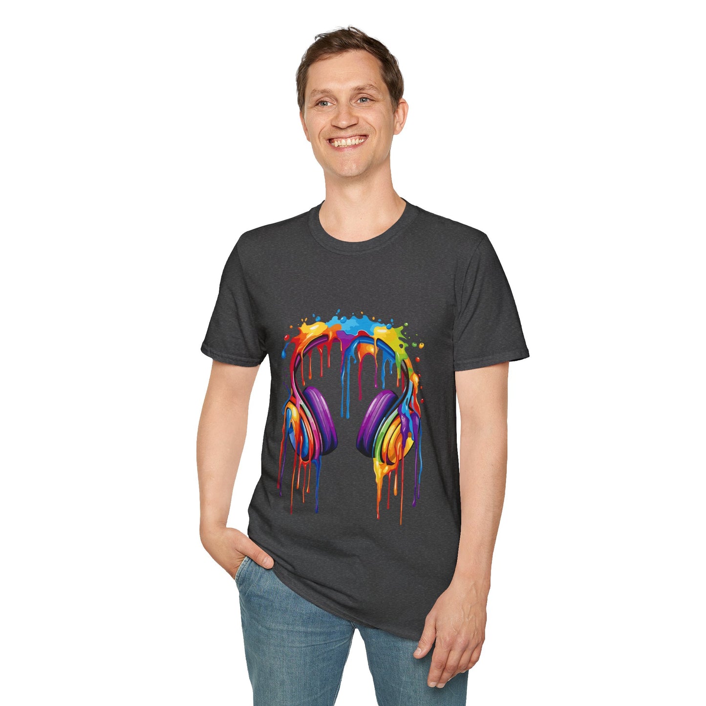 Vibrant Paint Splash Headphones, Unisex Softstyle T-Shirt design #1