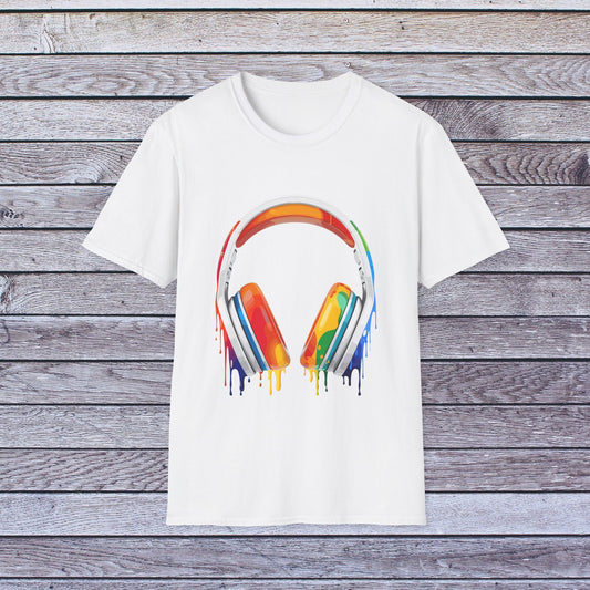 Vibrant Paint Splash Headphones, Unisex Softstyle T-Shirt design #3