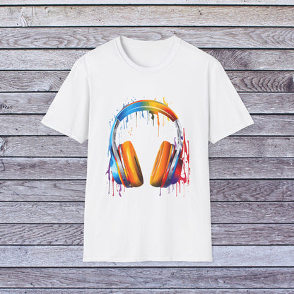 Vibrant Paint Splash Headphones, Unisex Softstyle T-Shirt design #8