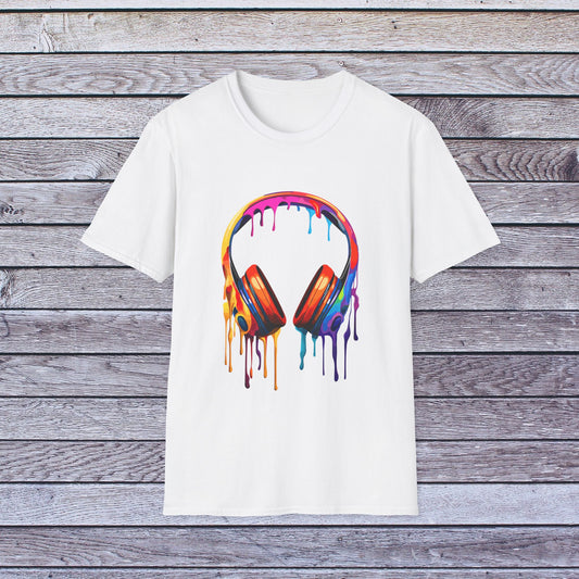 Vibrant Paint Splash Headphones, Unisex Softstyle T-Shirt design #4