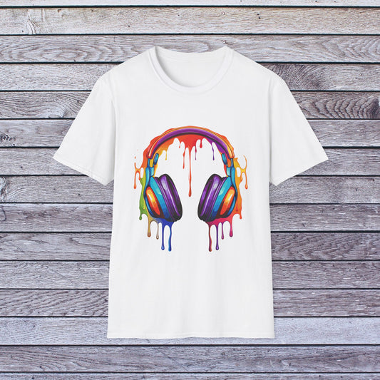Vibrant Paint Splash Headphones, Unisex Softstyle T-Shirt design #5
