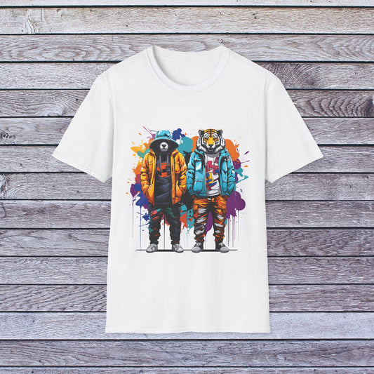 Vibrant Paint Splash Bear & Tiger In Hoodies Unisex Softstyle T-Shirt