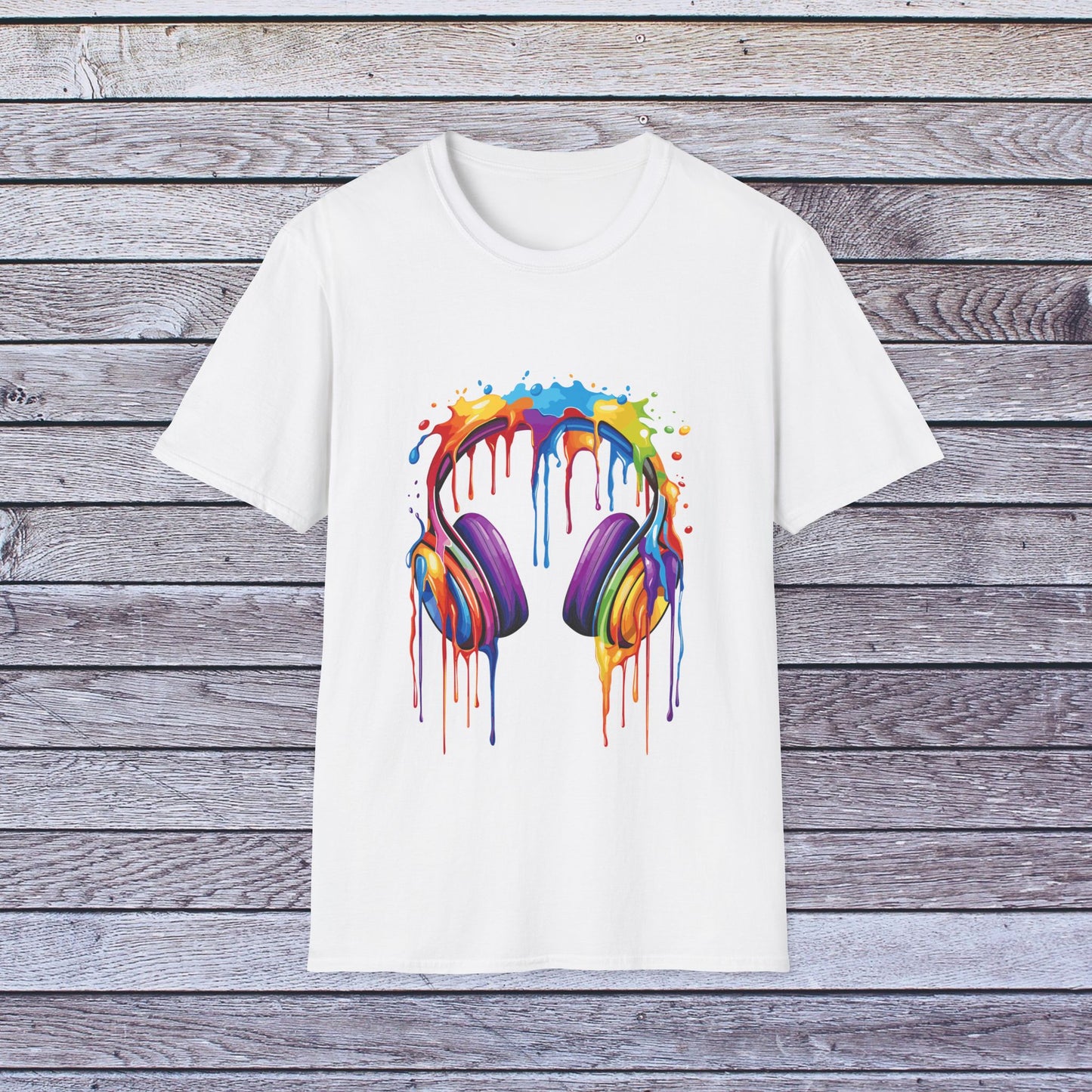 Vibrant Paint Splash Headphones, Unisex Softstyle T-Shirt design #1