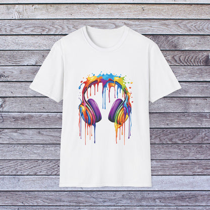 Vibrant Paint Splash Headphones, Unisex Softstyle T-Shirt design #1