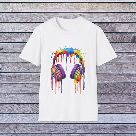 Vibrant Paint Splash Headphones, Unisex Softstyle T-Shirt design #1